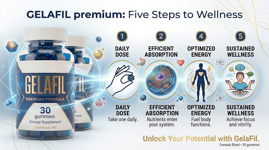 Graphic titled Gelafil premium: Five Steps to Wellness showing daily dose, efficient absorption, optimized energy and sustained wellness